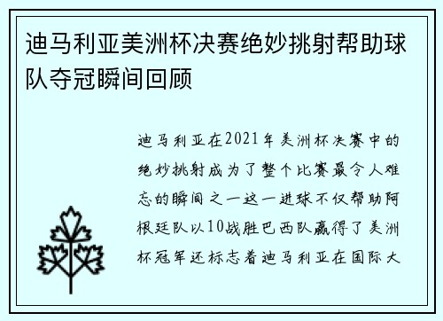 迪马利亚美洲杯决赛绝妙挑射帮助球队夺冠瞬间回顾